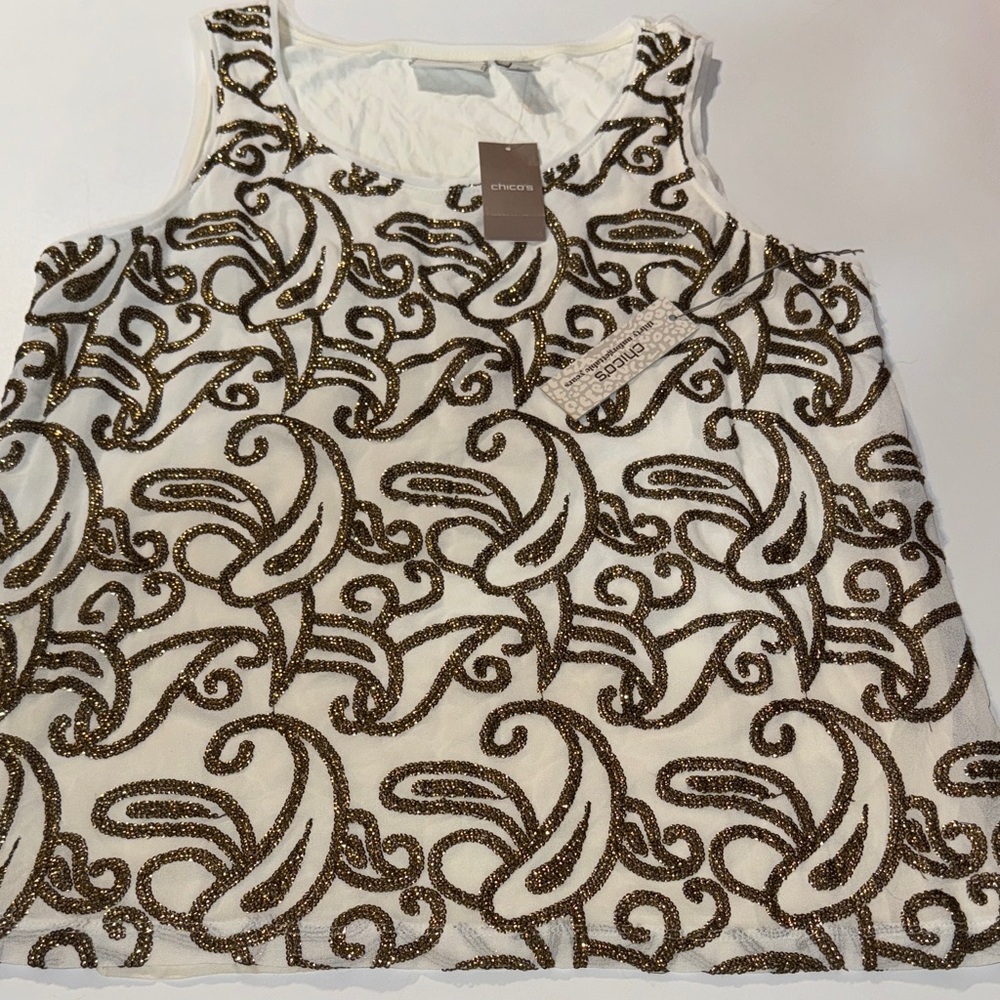 Chico's‎ White Tank Top with Gold Swirl Design Size 2 NWT